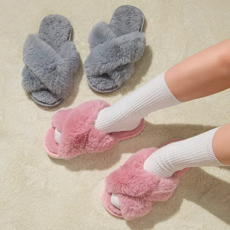 2025 New Women's Autumn and Winter New Fashion Flats Home Indoor Floor Warm Cross Fur Slippers Pure Color