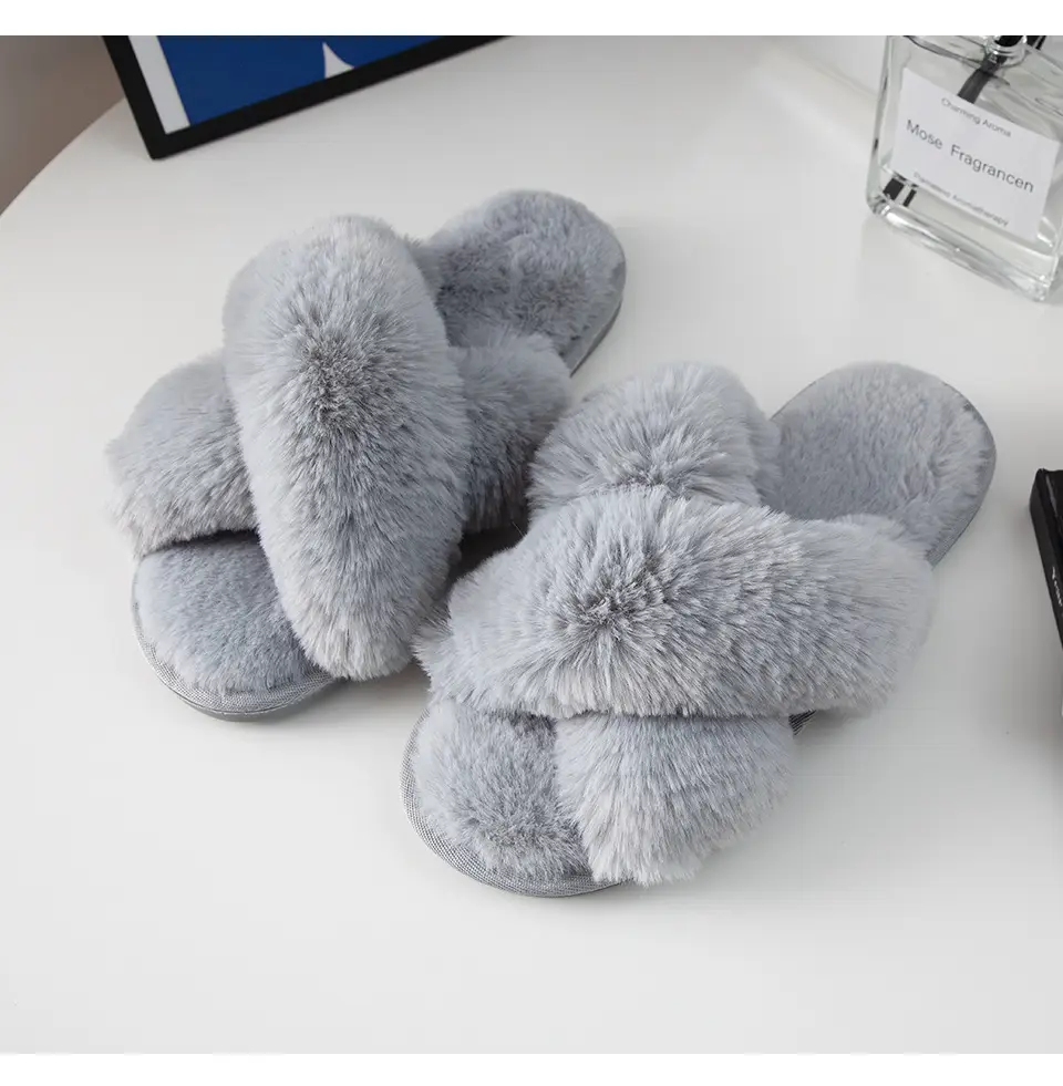 2025 New Women's Autumn and Winter New Fashion Flats Home Indoor Floor Warm Cross Fur Slippers Pure Color — feature 2