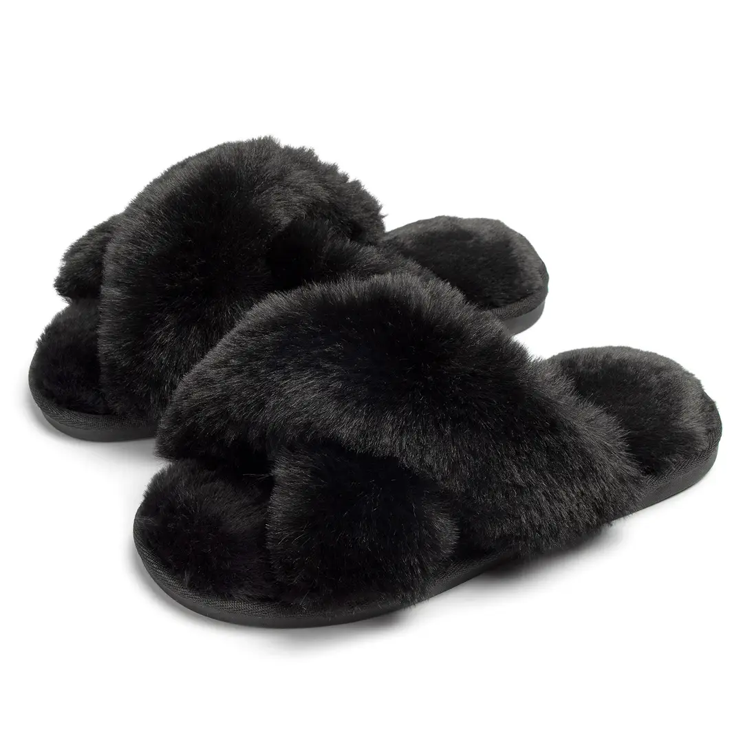 2025 New Women's Autumn and Winter New Fashion Flats Home Indoor Floor Warm Cross Fur Slippers Pure Color