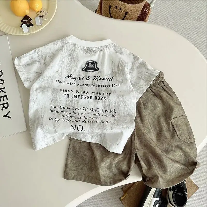 Boys White Letter T-Shirt & Shorts Set Cool Summer Wear