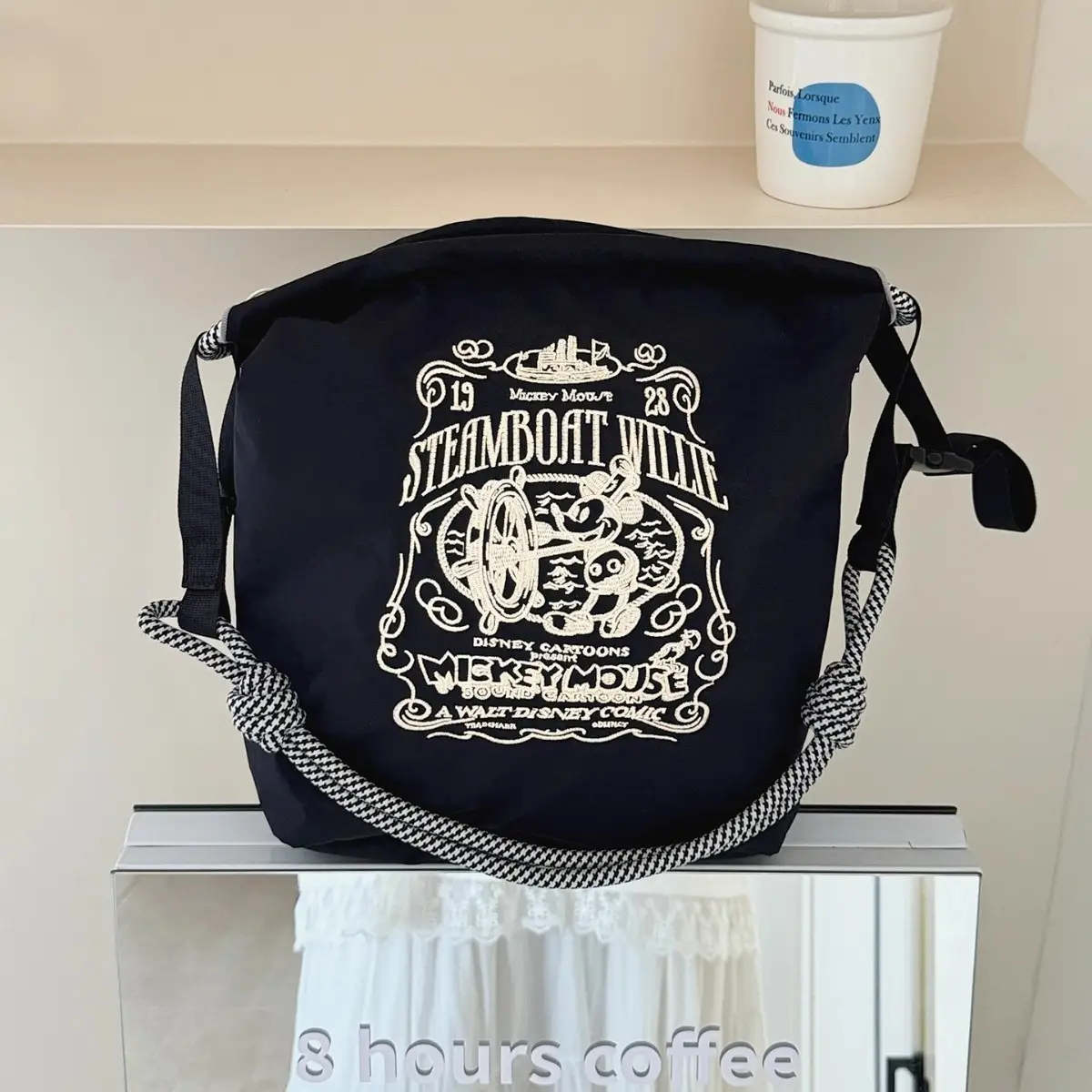 Adjustable Embroidered Zipper Bucket Bag Navy Beige