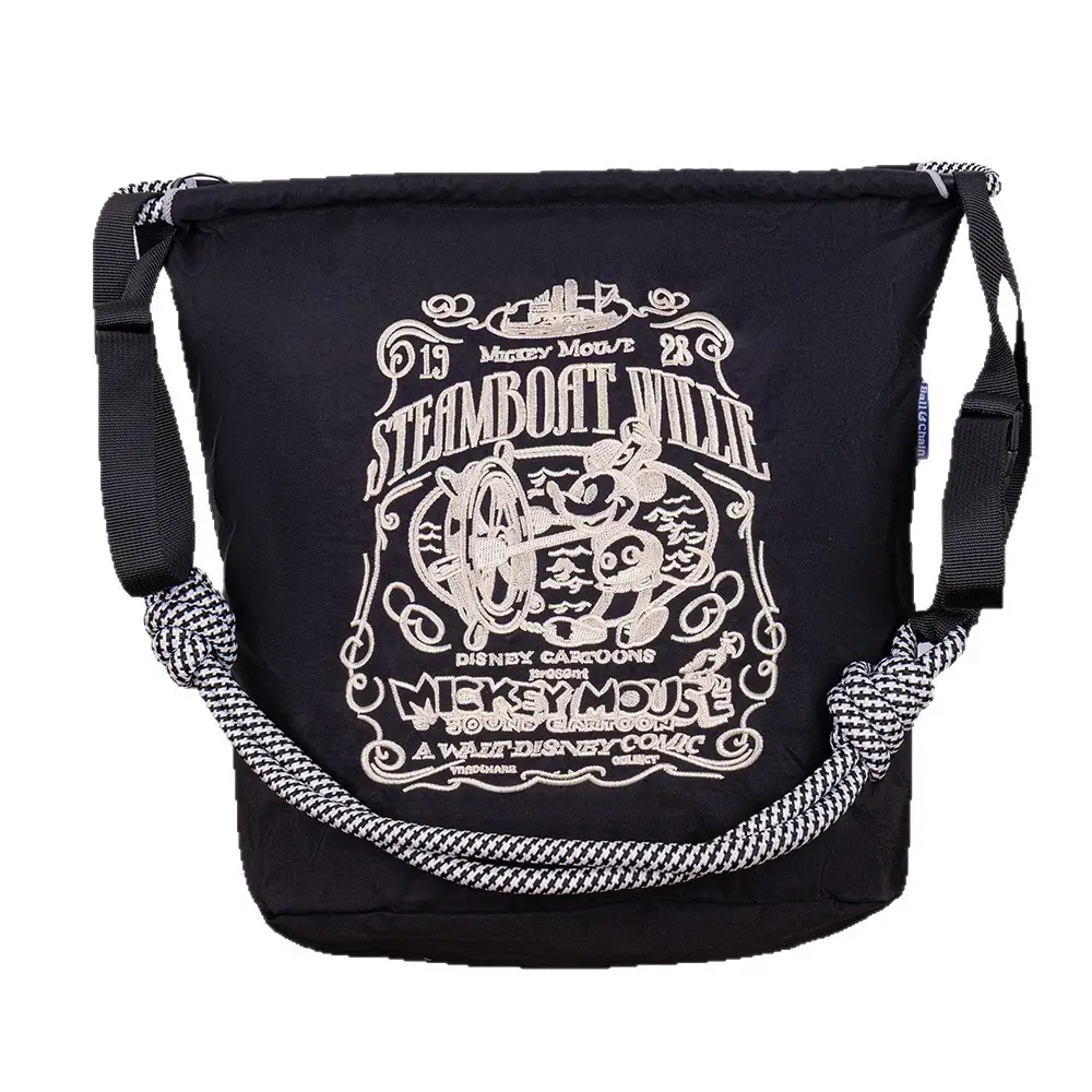 Adjustable Embroidered Zipper Bucket Bag Navy Beige