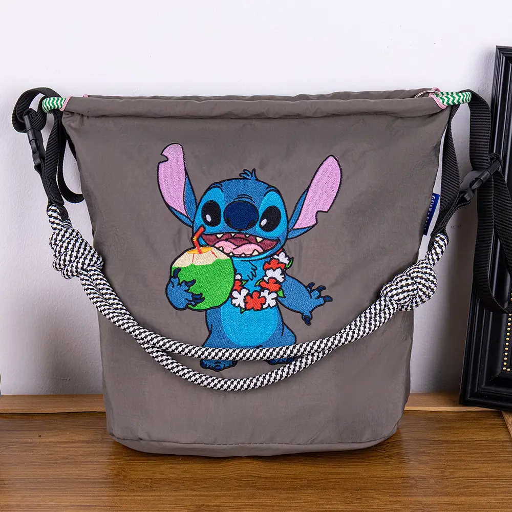 Adjustable Embroidered Zipper Bucket Bag Navy Beige