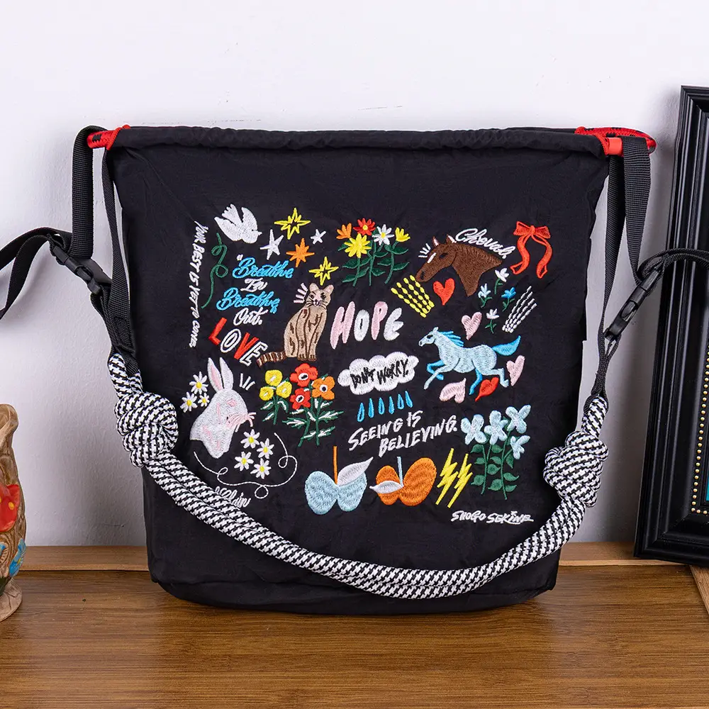 Adjustable Embroidered Zipper Bucket Bag Navy Beige