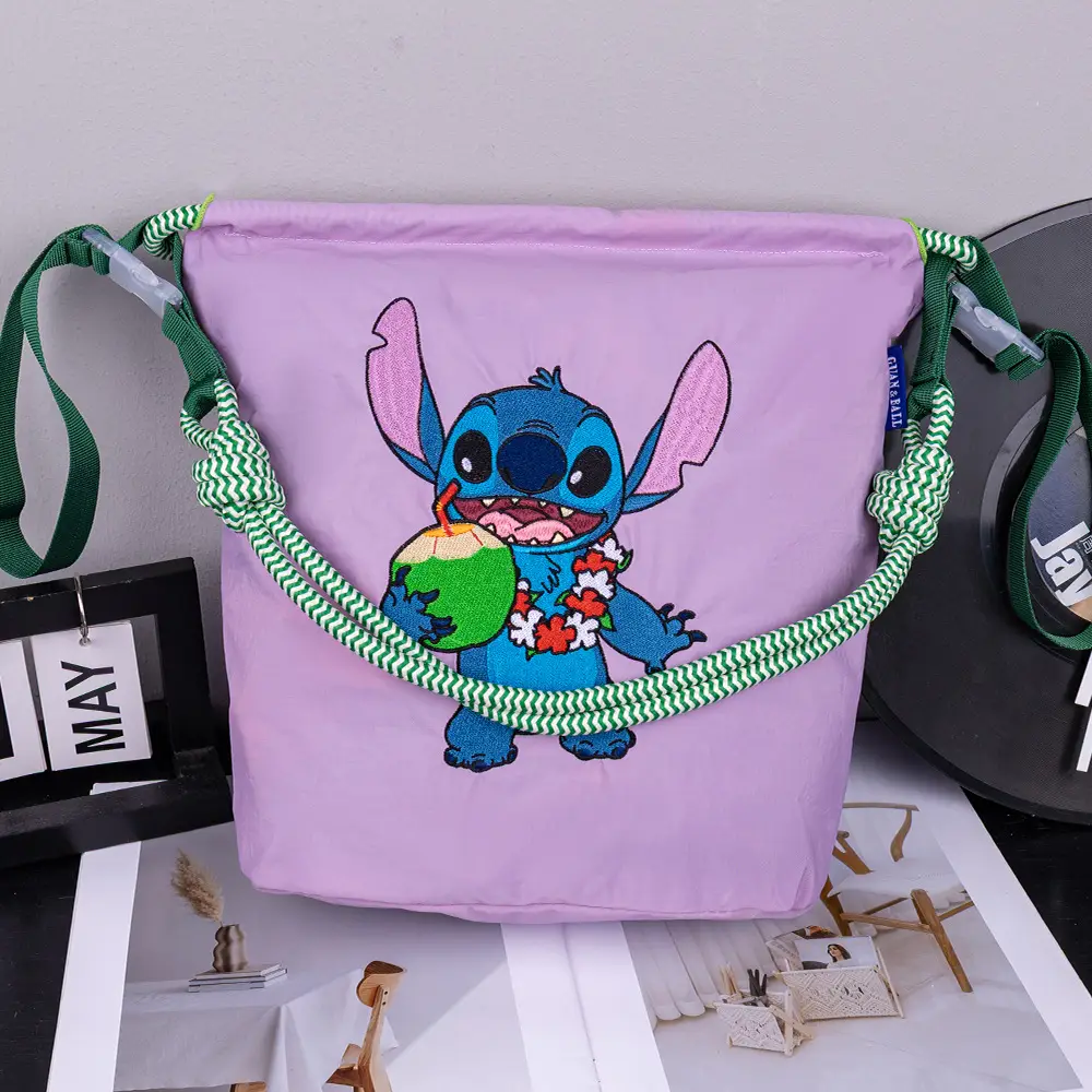 Adjustable Embroidered Zipper Bucket Bag Navy Beige