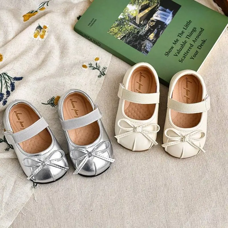 Girls Bow Princess Shoes Silver Soft Sole
