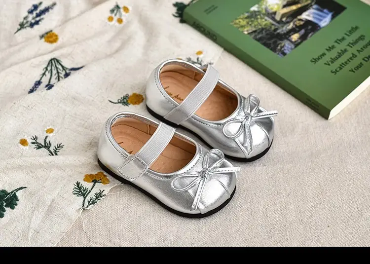 Girls Bow Princess Shoes Silver Soft Sole — feature 9