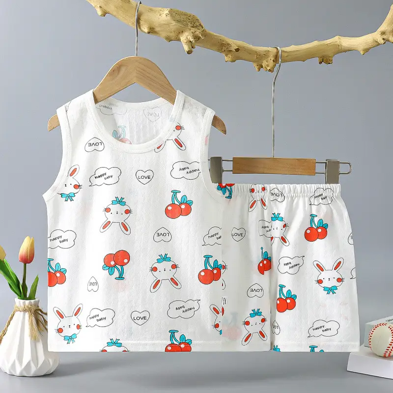 Children Pure Cotton Bunny Print Vest Shorts Set