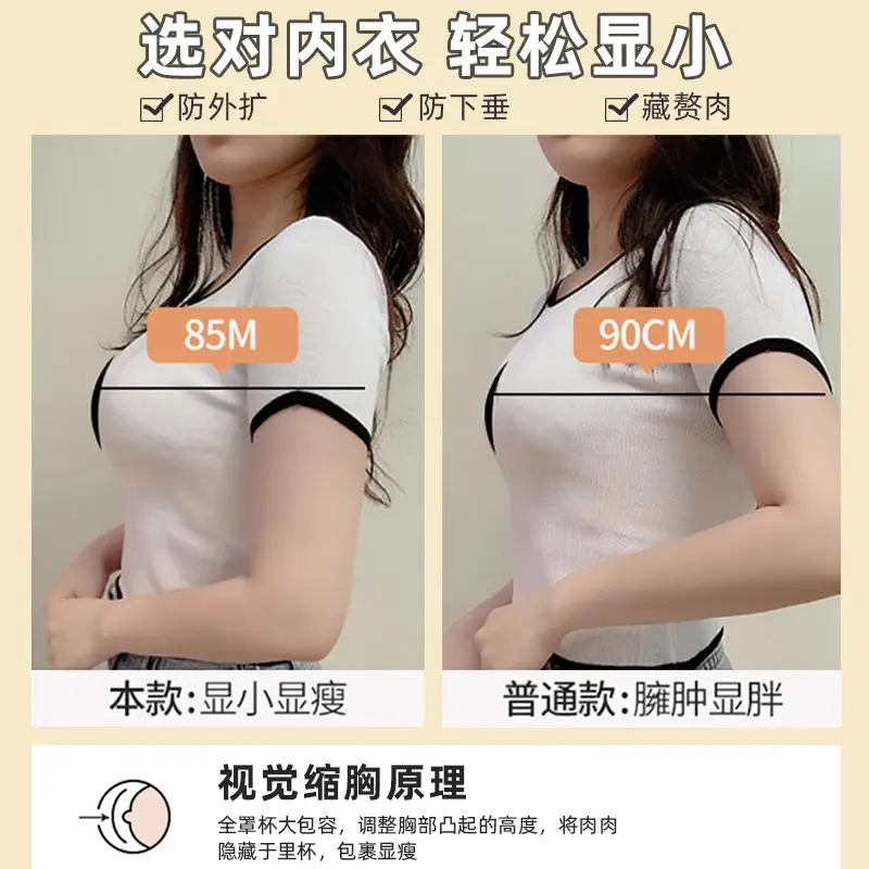 No Rims, Thin, Breathable, Breast-Retracting, Full-Cup, Big-Breasted, Slimming Intimates, Women's Large Size Push-Up Bra, Lace Bra