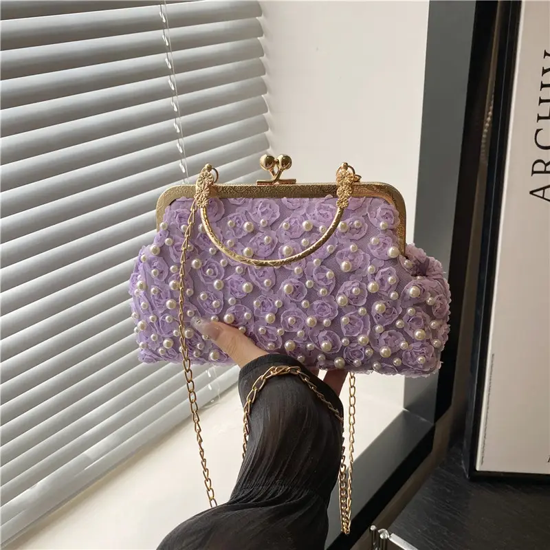 Purple Beaded Clutch Bag with Gold Chain & Crossbody Design - Image 5