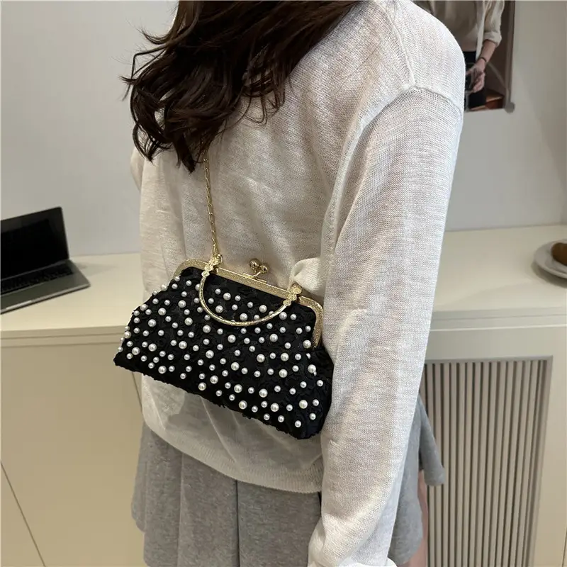 Purple Beaded Clutch Bag with Gold Chain & Crossbody Design - Image 7
