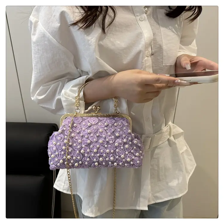 Purple Beaded Clutch Bag with Gold Chain & Crossbody Design — feature 22