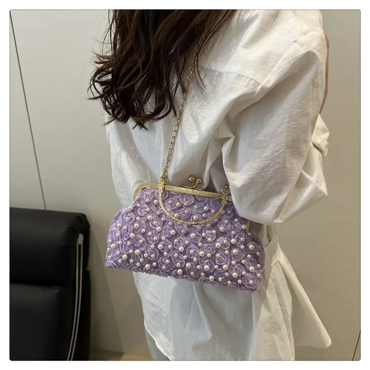 Purple Beaded Clutch Bag with Gold Chain & Crossbody Design — feature 23