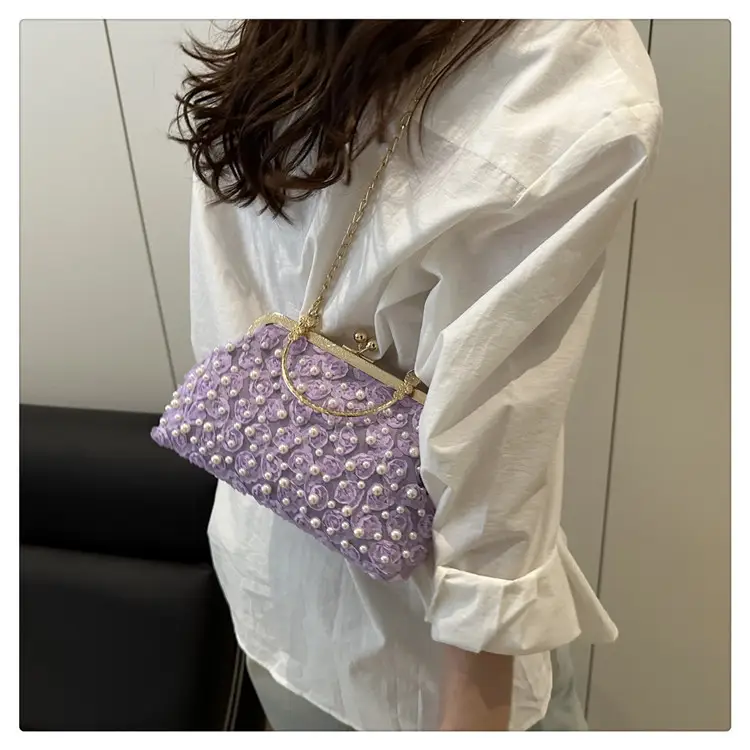 Purple Beaded Clutch Bag with Gold Chain & Crossbody Design — feature 24