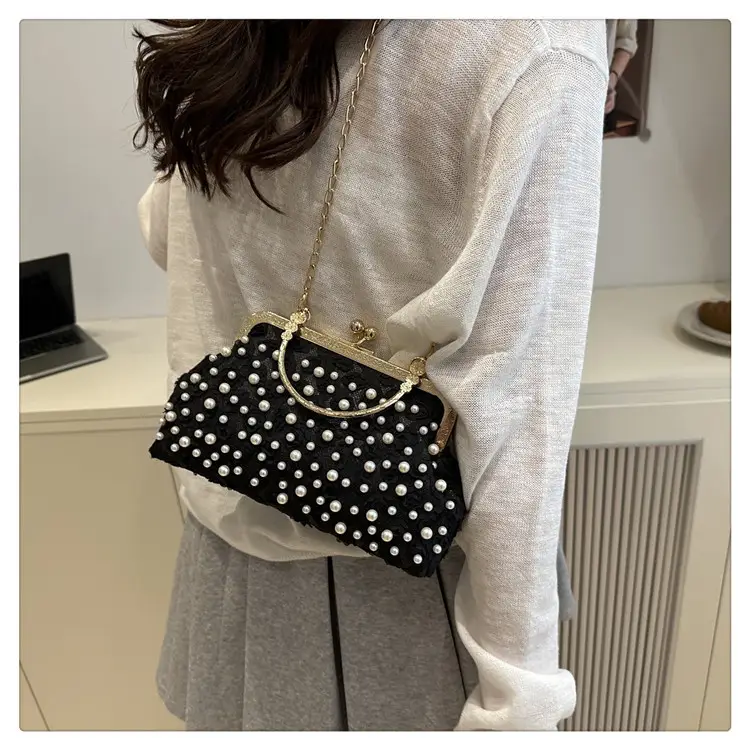 Purple Beaded Clutch Bag with Gold Chain & Crossbody Design — feature 30
