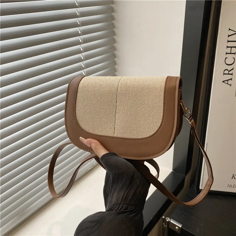 Spliced Canvas Shoulder Bag Brown Beige Korean Style