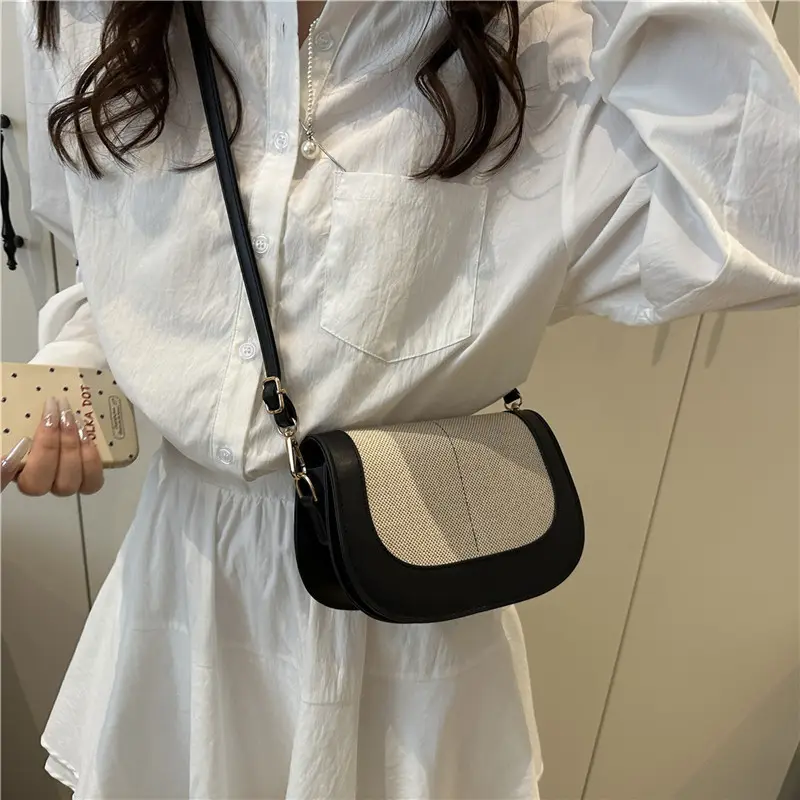 Spliced Canvas Shoulder Bag Brown Beige Korean Style