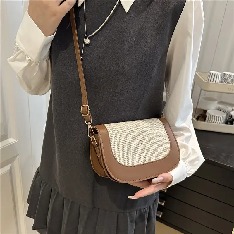 Spliced Canvas Shoulder Bag Brown Beige Korean Style
