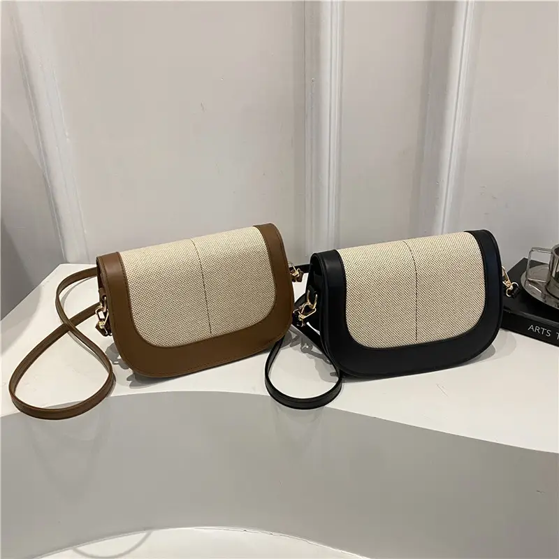 Spliced Canvas Shoulder Bag Brown Beige Korean Style