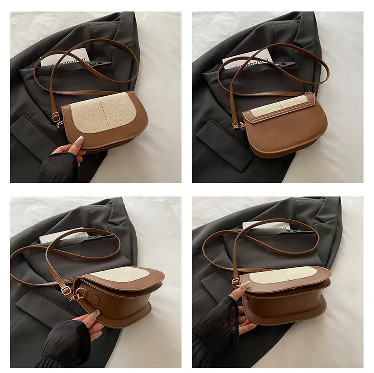 Spliced Canvas Shoulder Bag Brown Beige Korean Style — feature 12