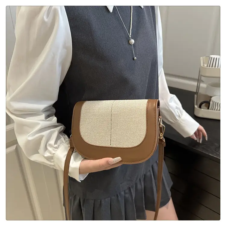 Spliced Canvas Shoulder Bag Brown Beige Korean Style — feature 13