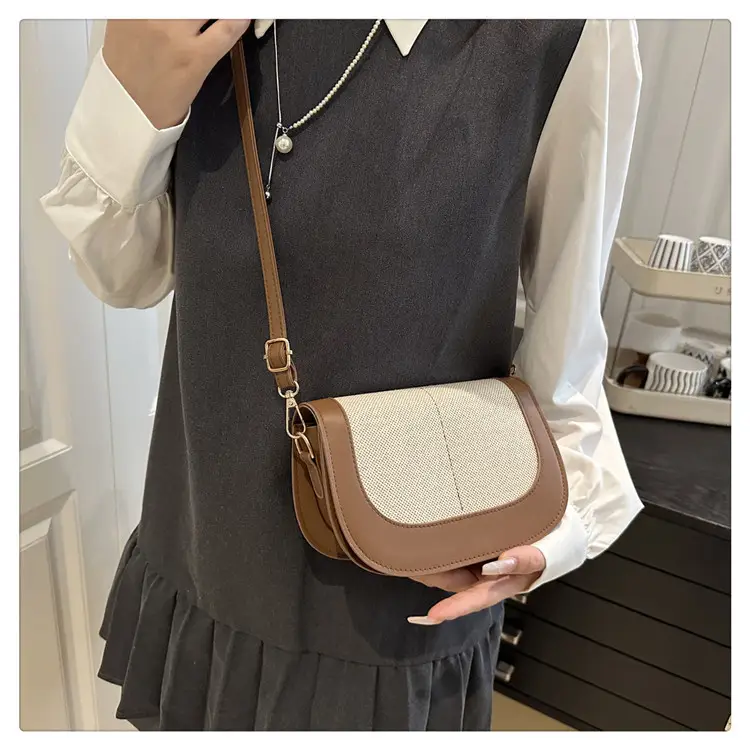 Spliced Canvas Shoulder Bag Brown Beige Korean Style — feature 17