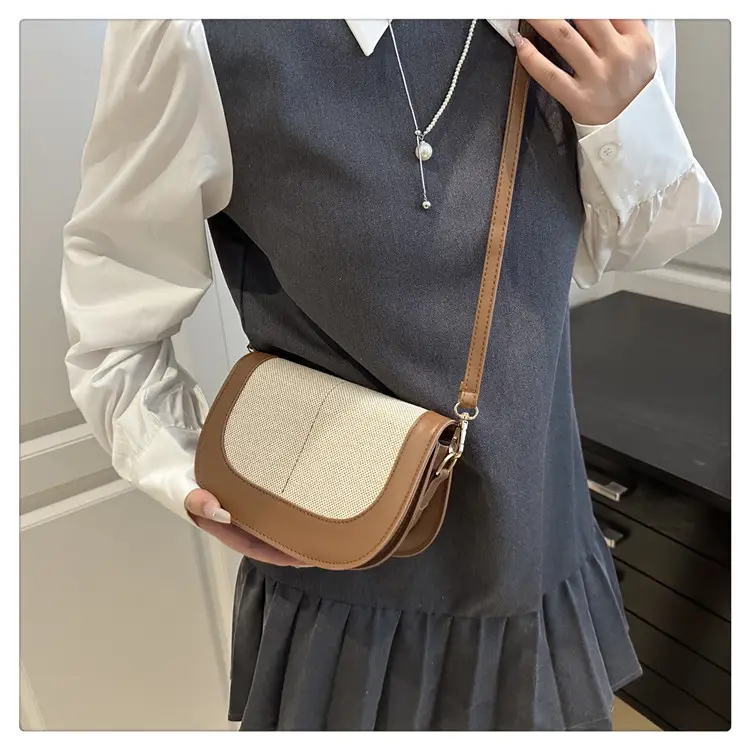 Spliced Canvas Shoulder Bag Brown Beige Korean Style — feature 19