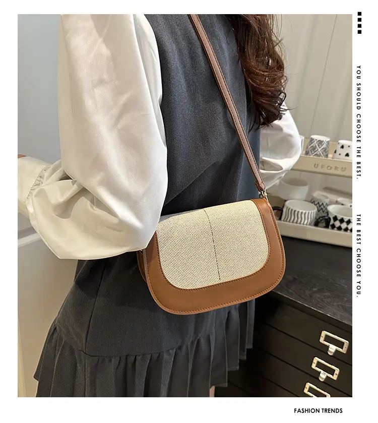 Spliced Canvas Shoulder Bag Brown Beige Korean Style — feature 2