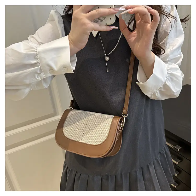 Spliced Canvas Shoulder Bag Brown Beige Korean Style — feature 20