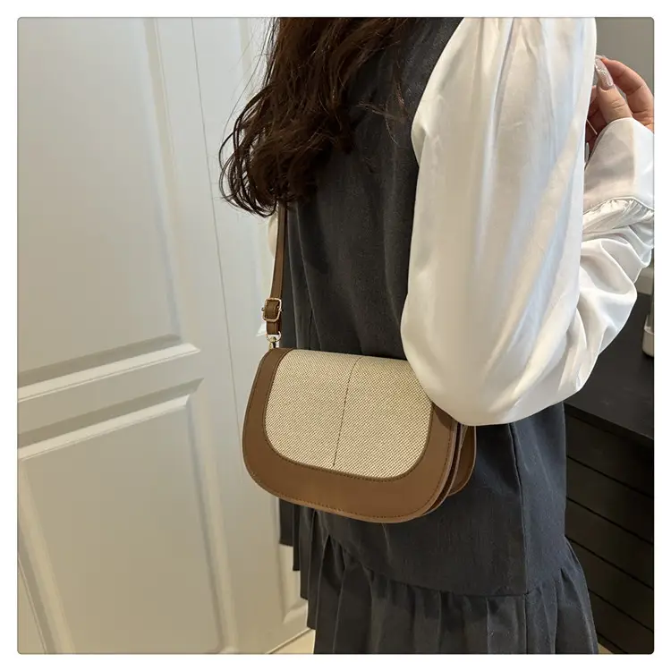 Spliced Canvas Shoulder Bag Brown Beige Korean Style — feature 21