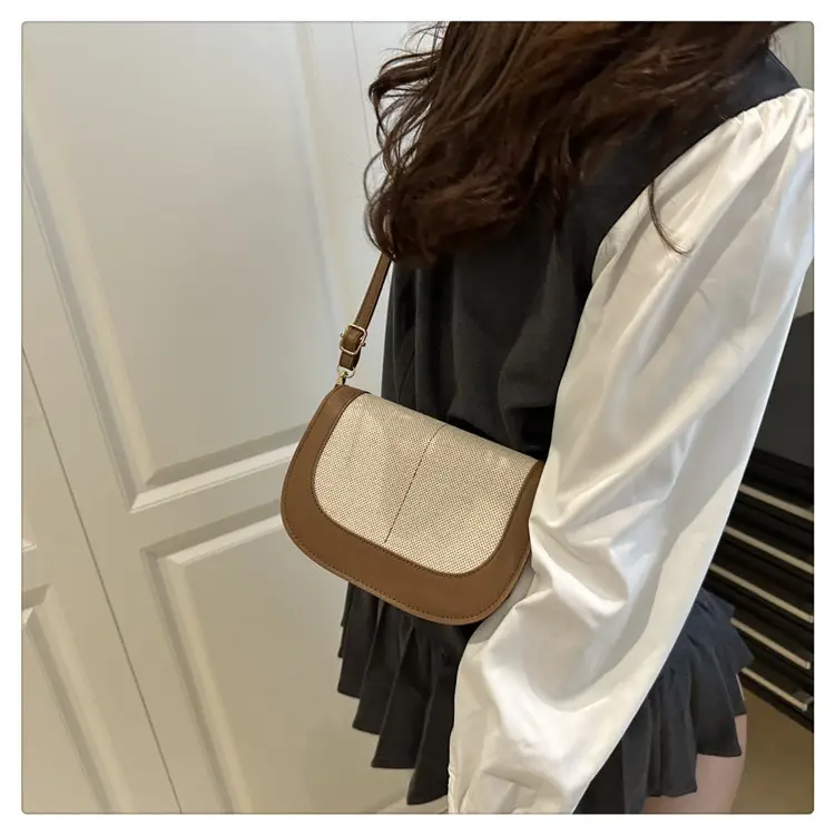 Spliced Canvas Shoulder Bag Brown Beige Korean Style — feature 22