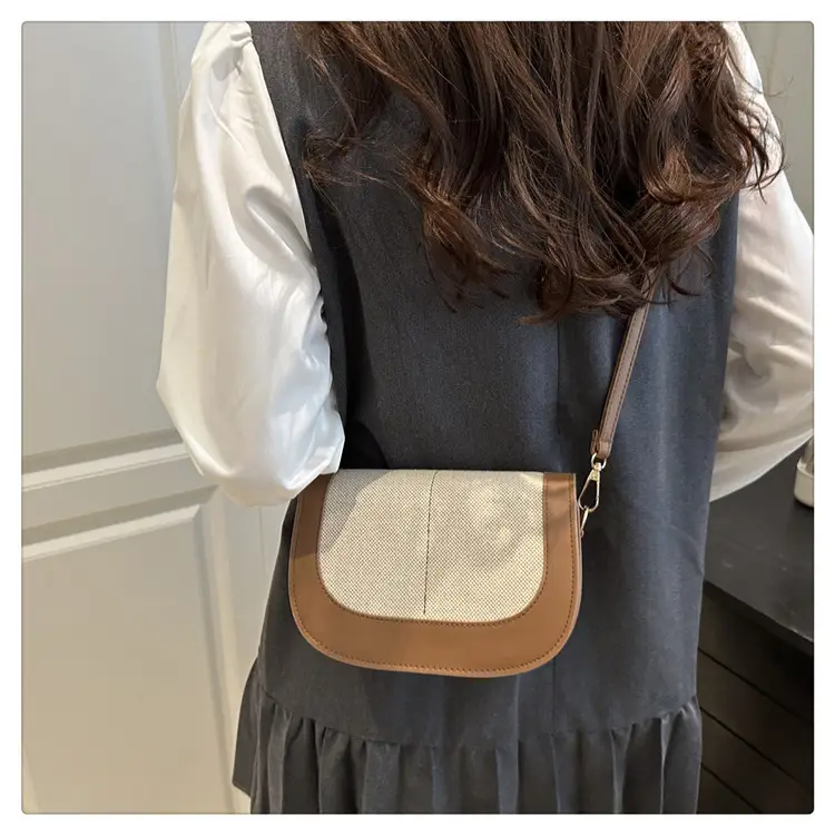 Spliced Canvas Shoulder Bag Brown Beige Korean Style — feature 23