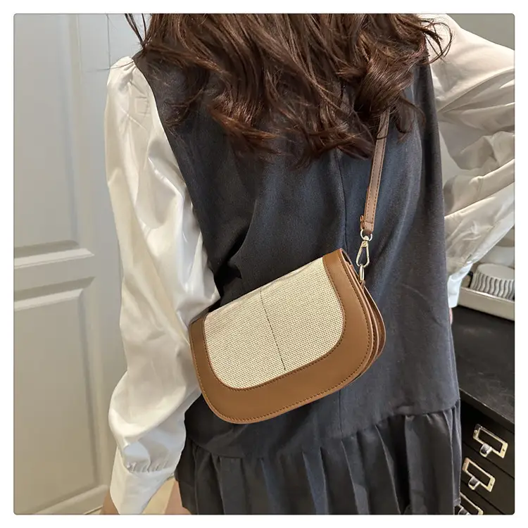 Spliced Canvas Shoulder Bag Brown Beige Korean Style — feature 24