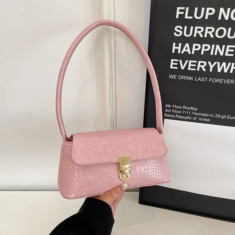 French Niche Shoulder Bag Women Pink Brown White Crocodile Pattern - Image 7