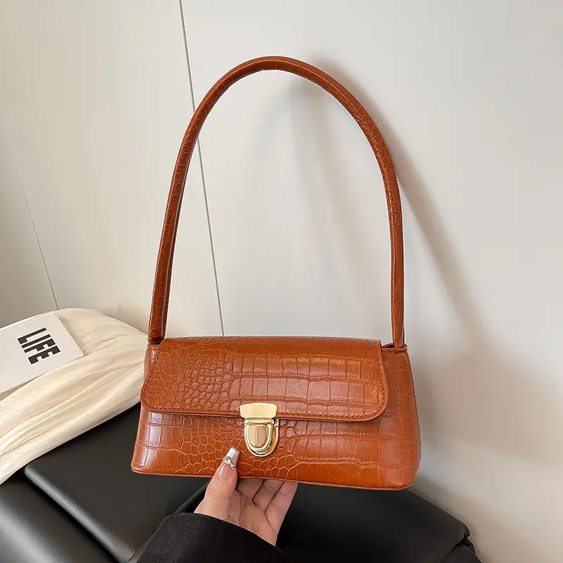 French Niche Shoulder Bag Women Pink Brown White Crocodile Pattern - Image 8