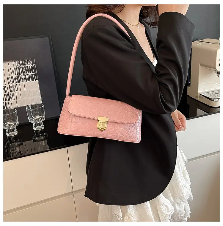 French Niche Shoulder Bag Women Pink Brown White Crocodile Pattern β feature 15