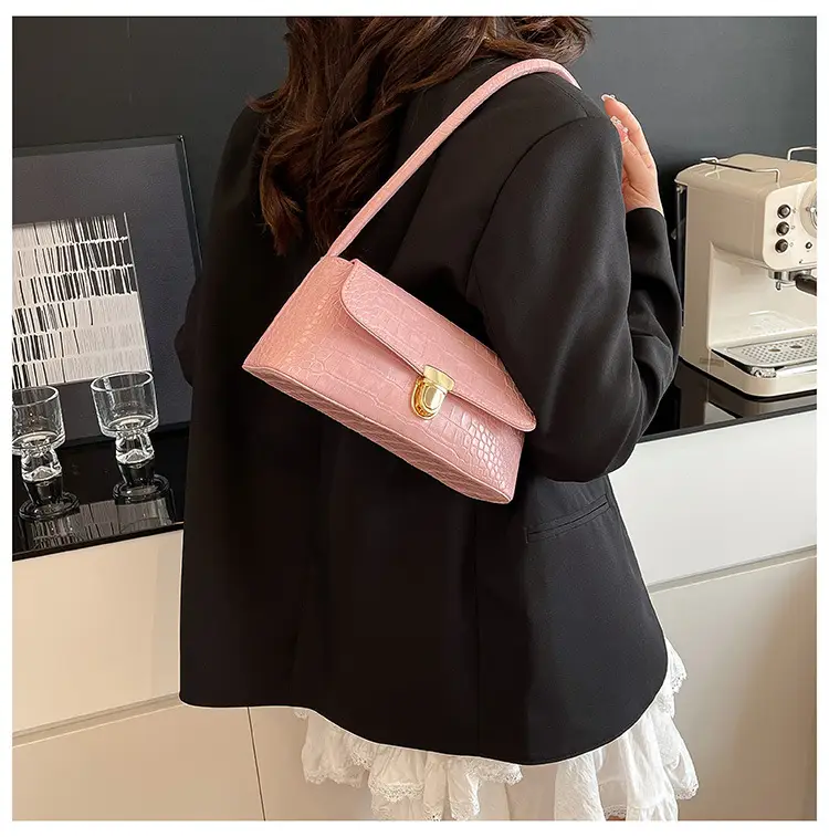 French Niche Shoulder Bag Women Pink Brown White Crocodile Pattern β feature 16