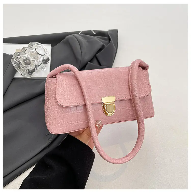 French Niche Shoulder Bag Women Pink Brown White Crocodile Pattern β feature 26