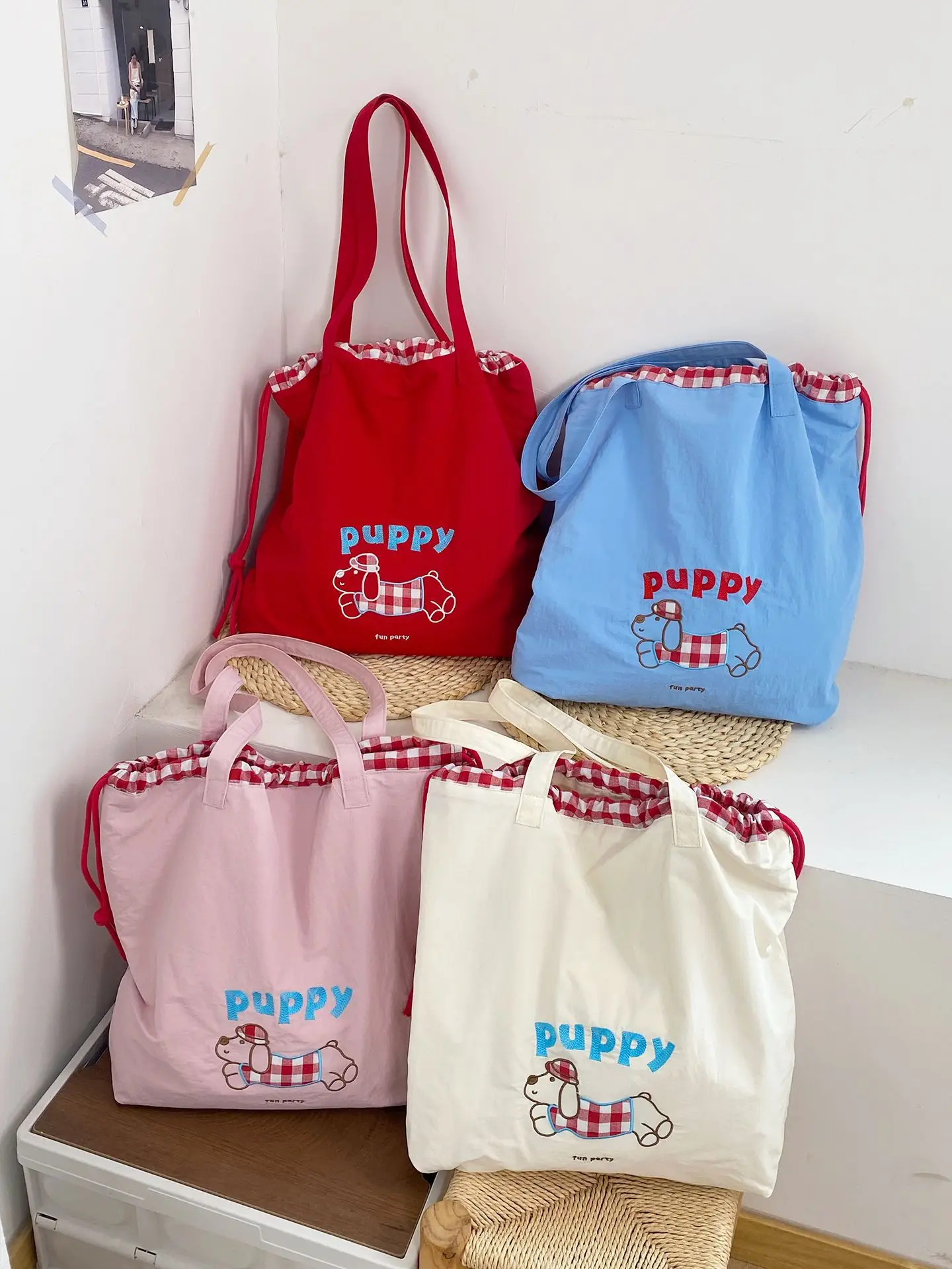 Cute Embroidered Puppy Drawstring Tote Bags - Image 7