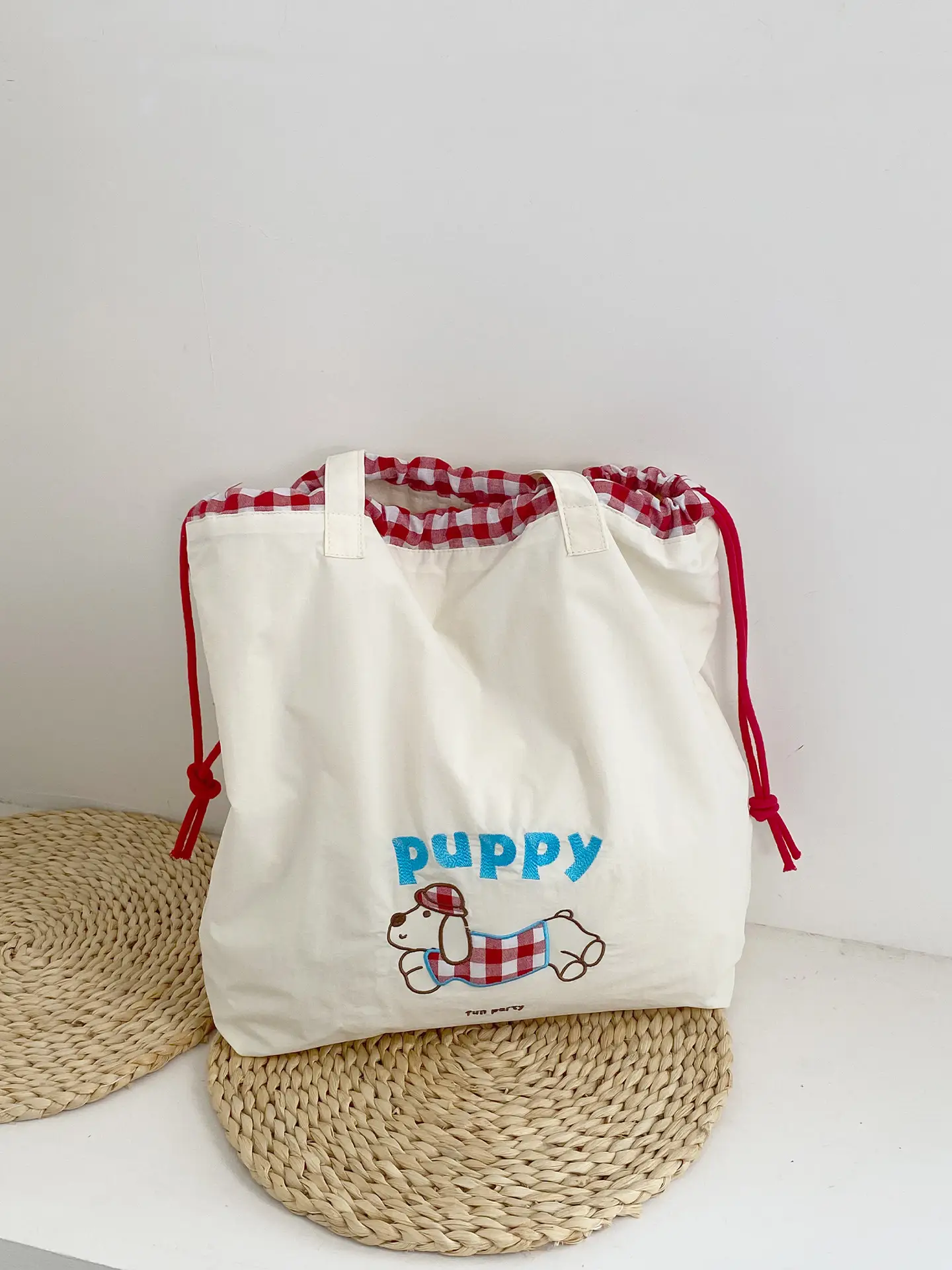 Cute Embroidered Puppy Drawstring Tote Bags - Image 2