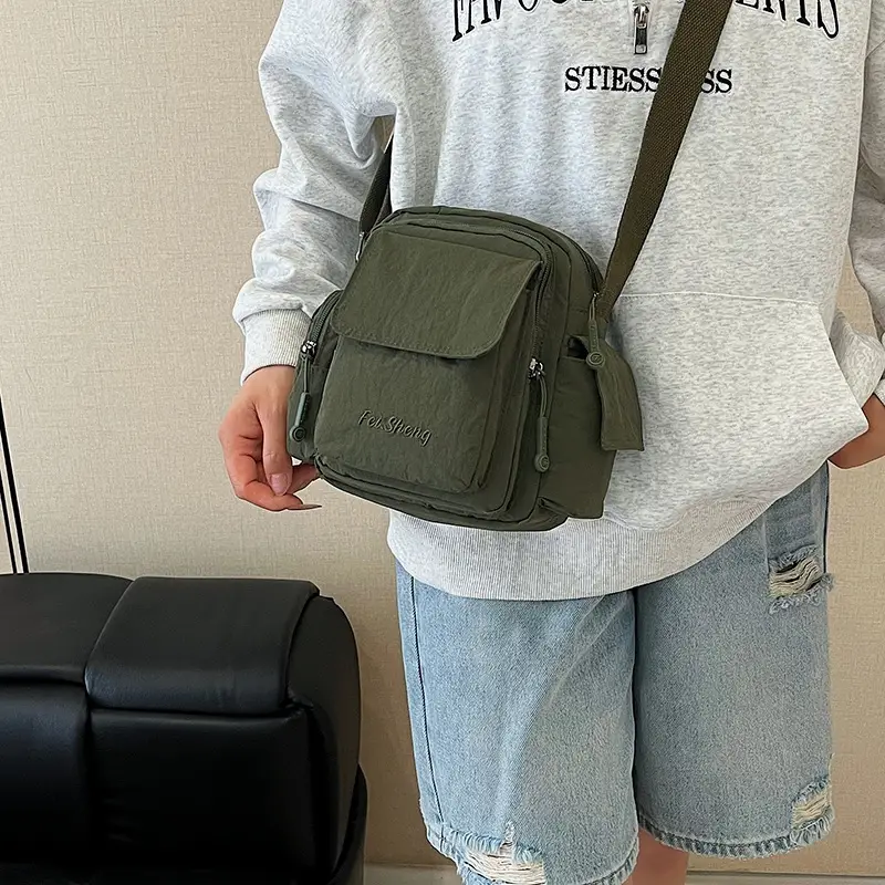 Unisex Yellow Nylon Shoulder Bag with 5 Pockets - Image 8