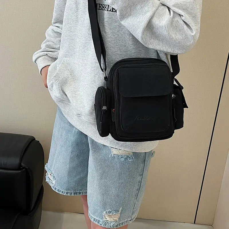 Unisex Yellow Nylon Shoulder Bag with 5 Pockets - Image 9