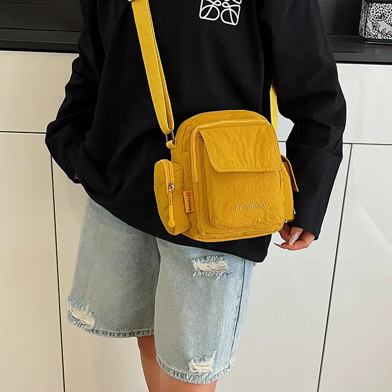 Unisex Yellow Nylon Shoulder Bag with 5 Pockets - Image 10