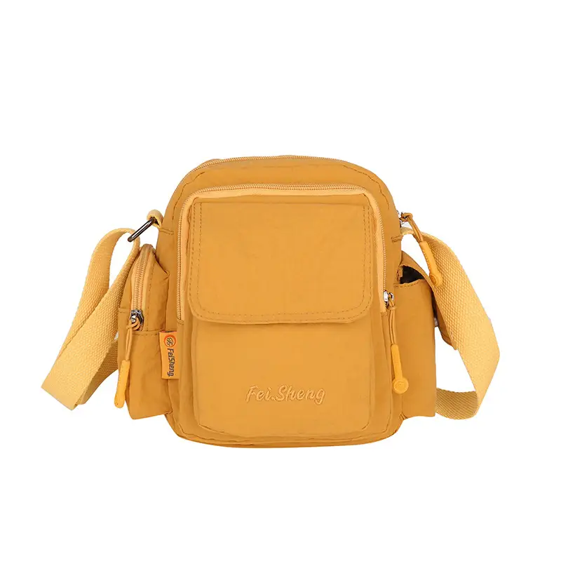 Unisex Yellow Nylon Shoulder Bag with 5 Pockets - Image 11