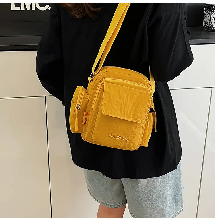 Unisex Yellow Nylon Shoulder Bag with 5 Pockets — feature 11