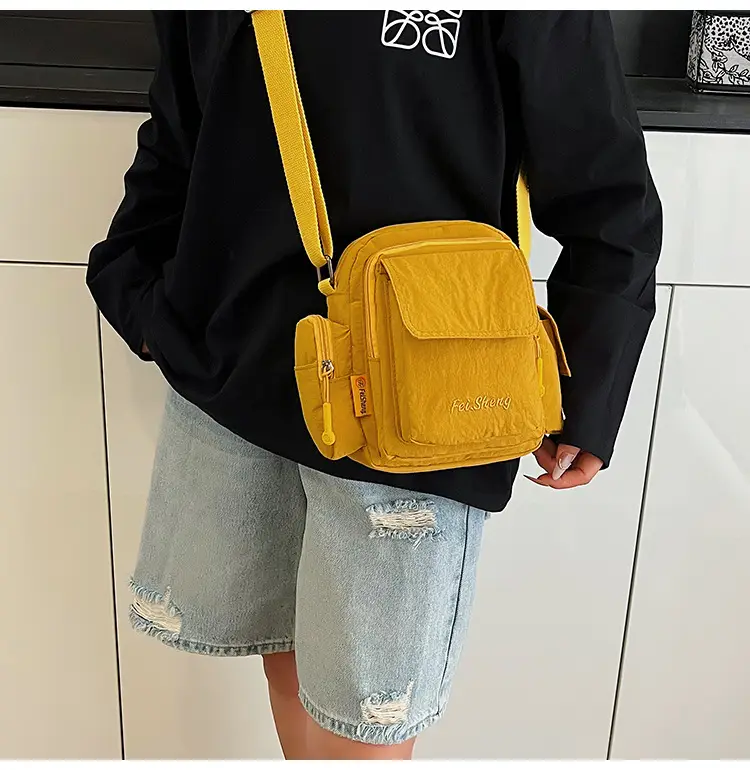 Unisex Yellow Nylon Shoulder Bag with 5 Pockets — feature 12
