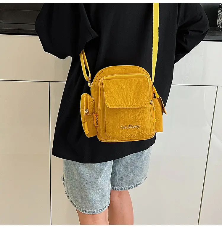 Unisex Yellow Nylon Shoulder Bag with 5 Pockets — feature 13