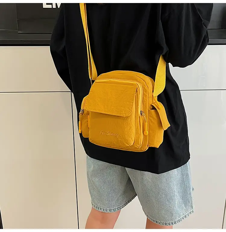 Unisex Yellow Nylon Shoulder Bag with 5 Pockets — feature 14