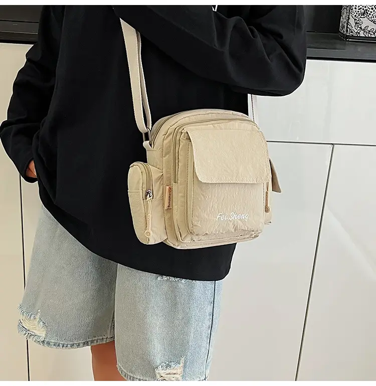 Unisex Yellow Nylon Shoulder Bag with 5 Pockets — feature 16