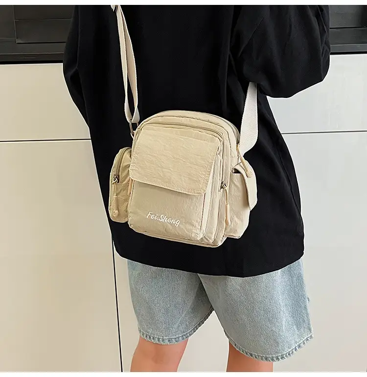 Unisex Yellow Nylon Shoulder Bag with 5 Pockets — feature 18